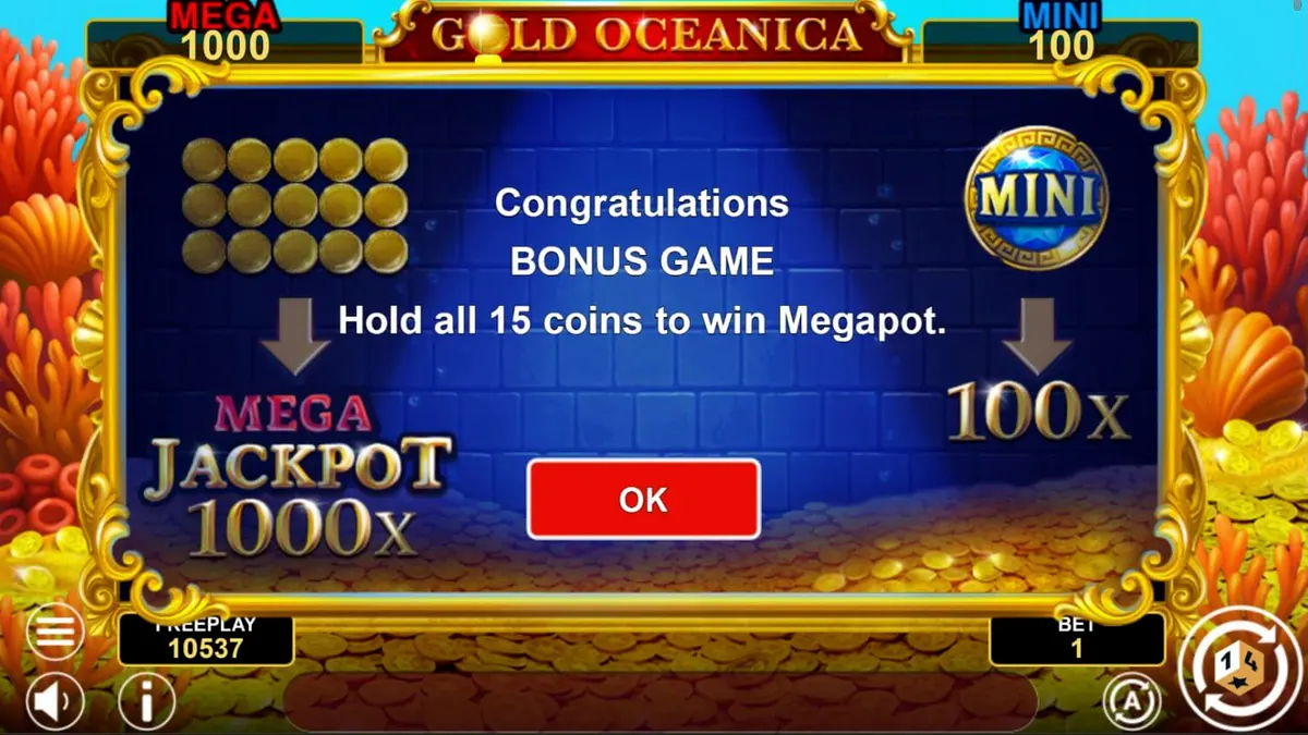 ภาพหน้าจอเกมสล็อต Gold Oceanica ที่แสดงธีมเทพธิดาแห่งท้องทะเลและสมบัติ