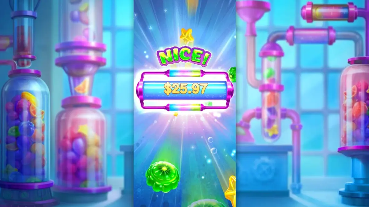 ภาพหน้าจอเกมสล็อต Sweet Burst แสดงโรงงานลูกกวาดไฮเทคพร้อมท่อสีชมพูเรืองแสงและสัญลักษณ์ลูกกวาดสีสันสดใส
