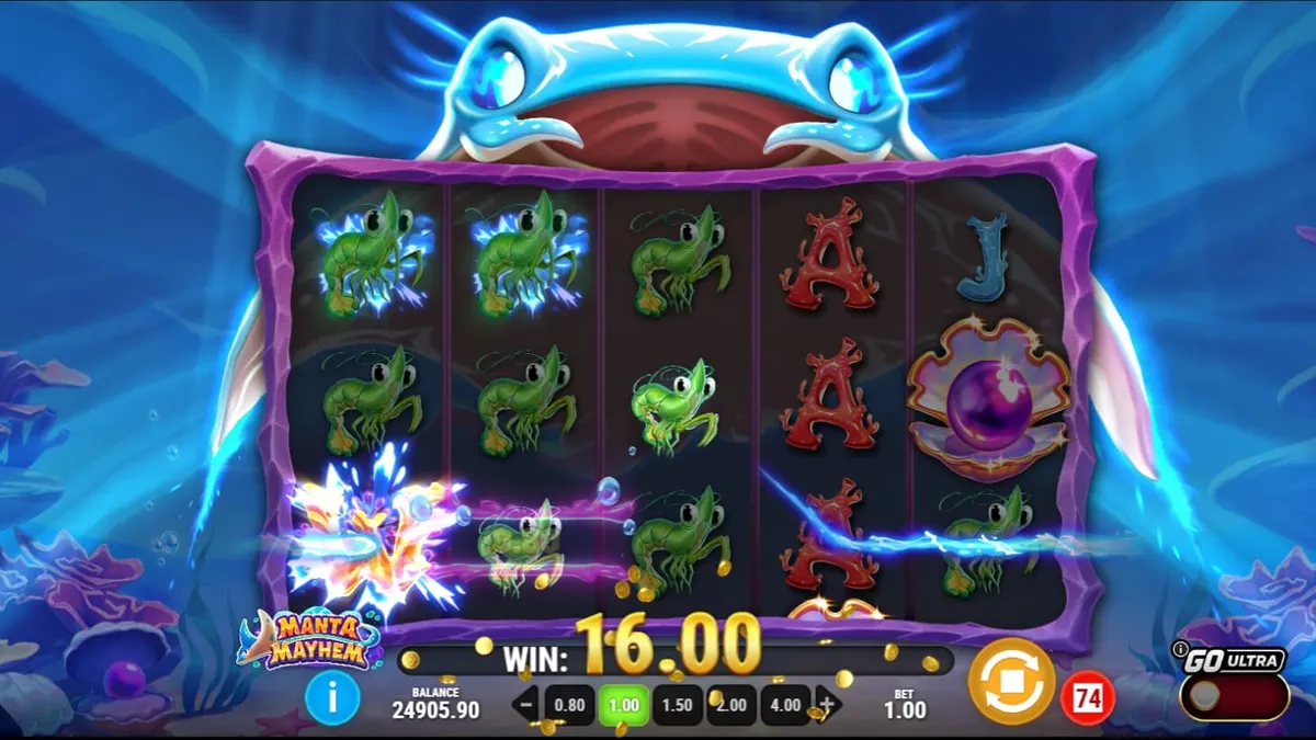 ภาพกราฟิกใต้ทะเลของเกมสล็อต Manta Mayhem